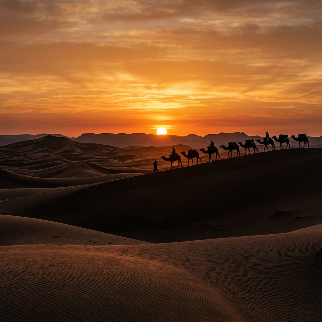 Camel caravan at sunset in Erg Chebbi