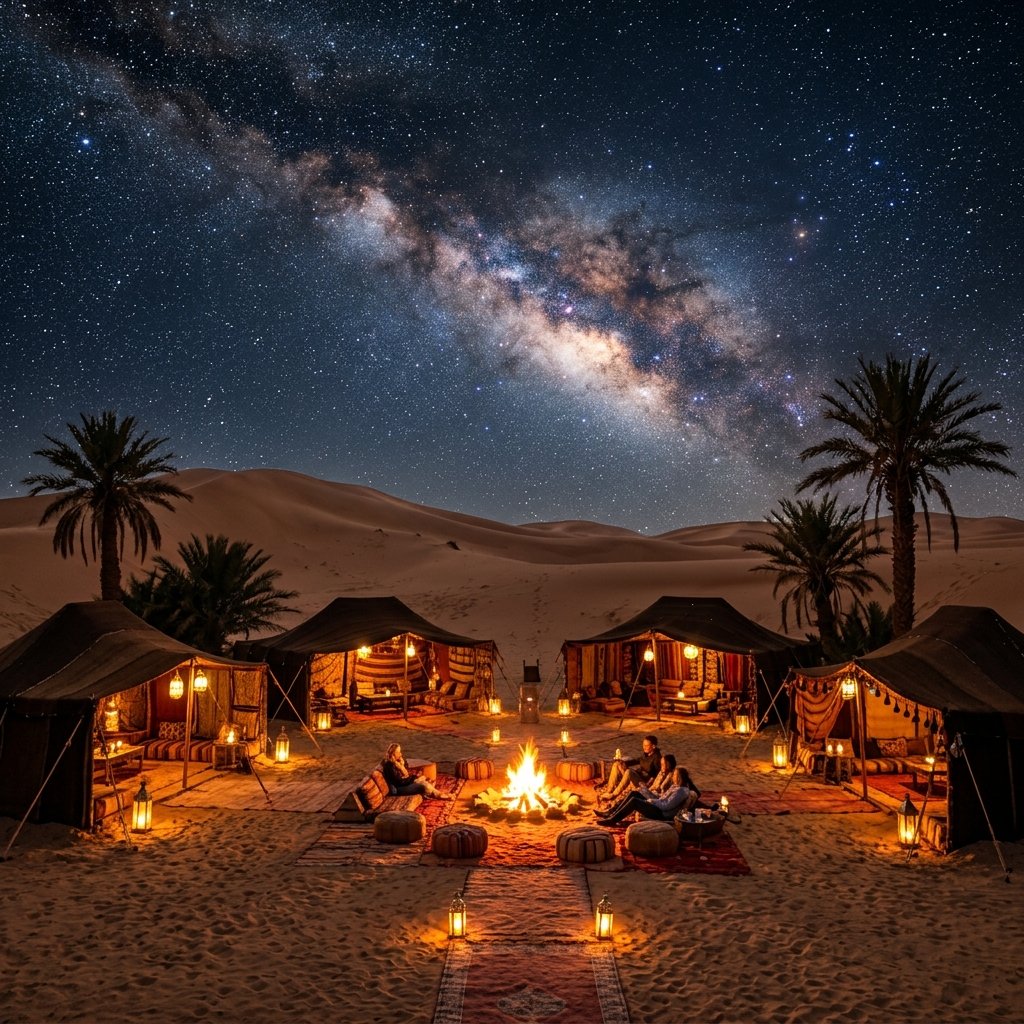 Traditional Berber desert camp at night