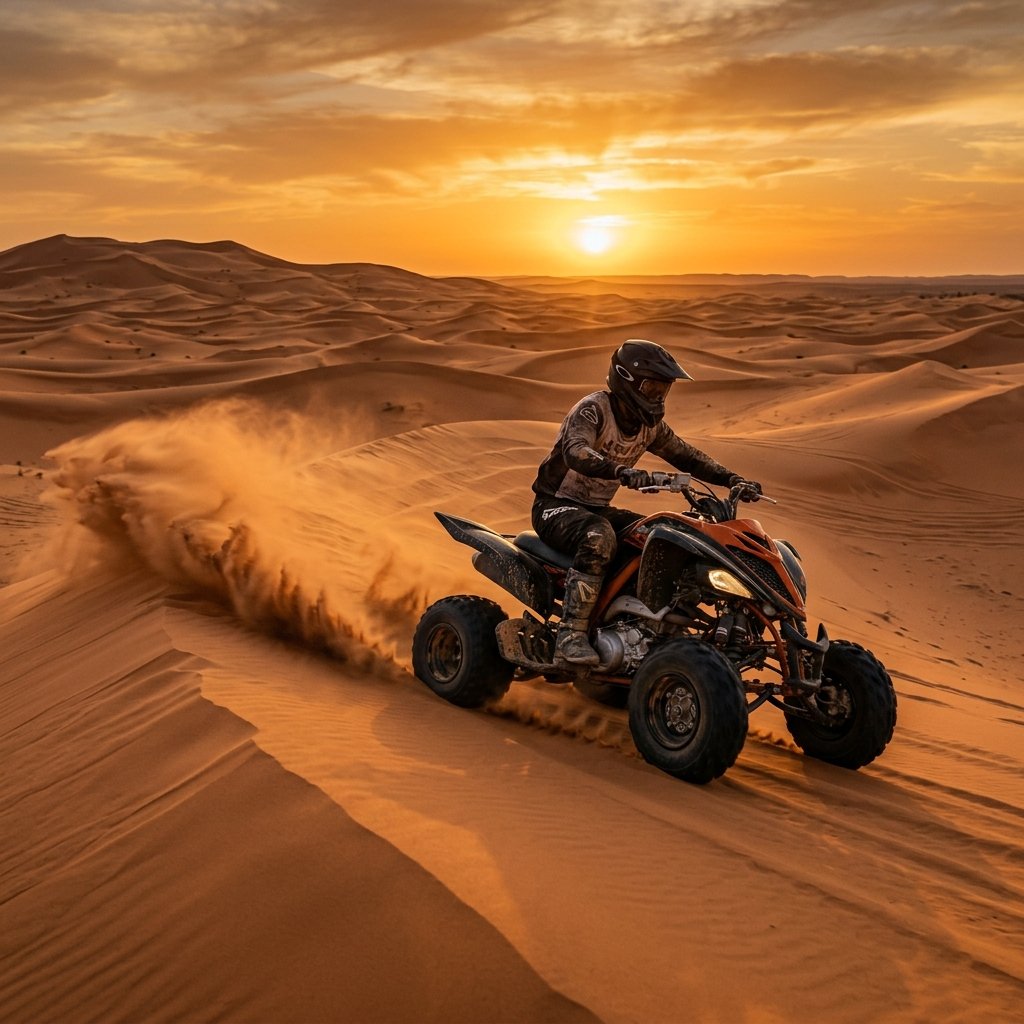 Quad bikes racing through Sahara desert dunes at sunset