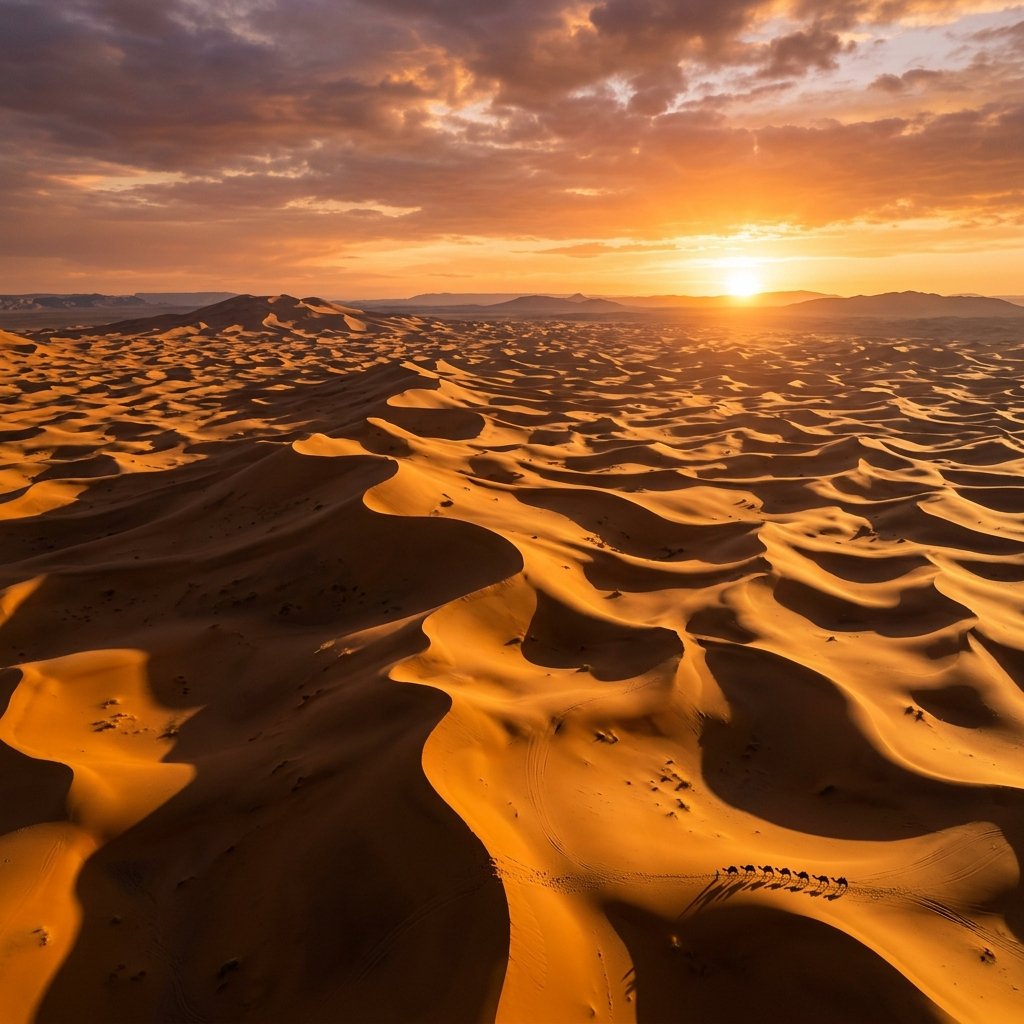 Sahara desert golden dunes aerial view